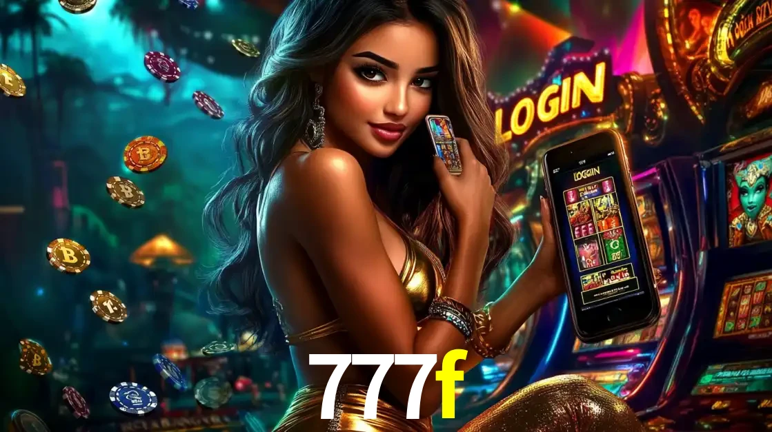 Mulher em um cenário de cassino temático de aventura, mostrando o app de caça-níqueis da 777f no celular. Fichas de apostas flutuam ao redor.