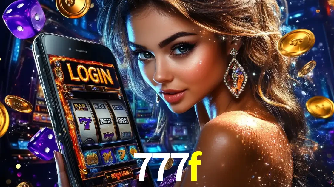 Mulher glamorosa segurando um smartphone com a tela de login para os jogos de caça-níqueis do cassino online 777f, com moedas de ouro e dados ao redor.
