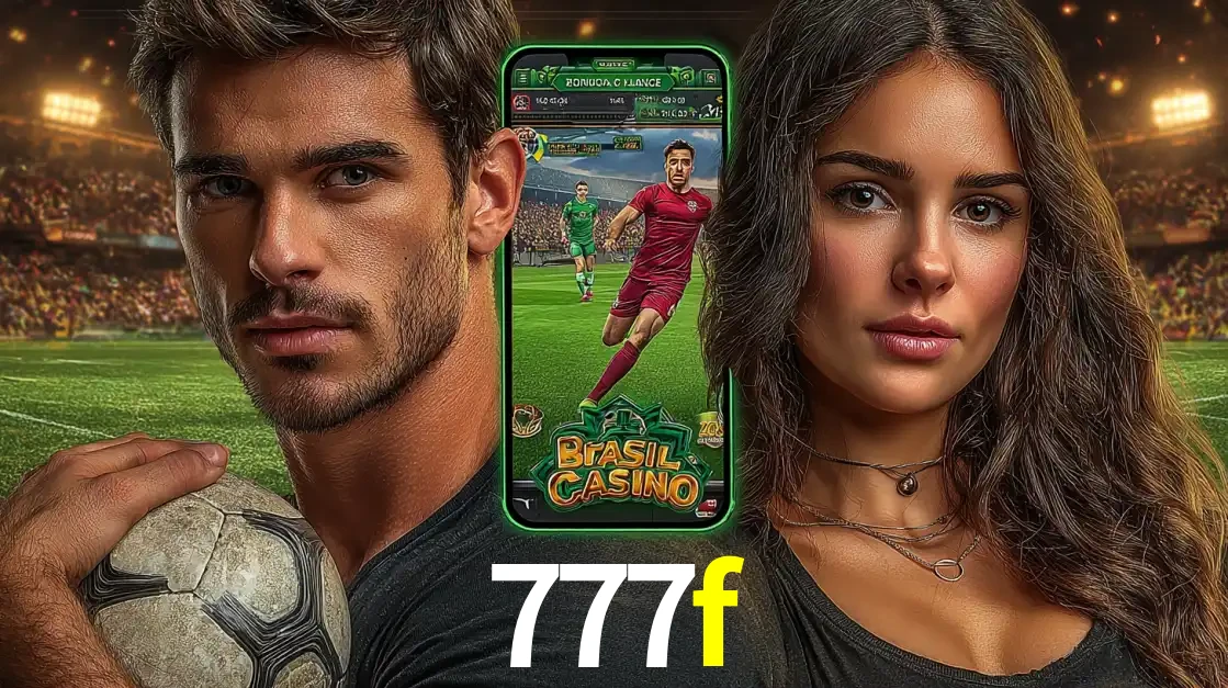 Homem segurando uma bola de futebol e uma mulher ao lado de um smartphone exibindo o jogo de apostas esportivas da 777f. Faça seu palpite no cassino online.
